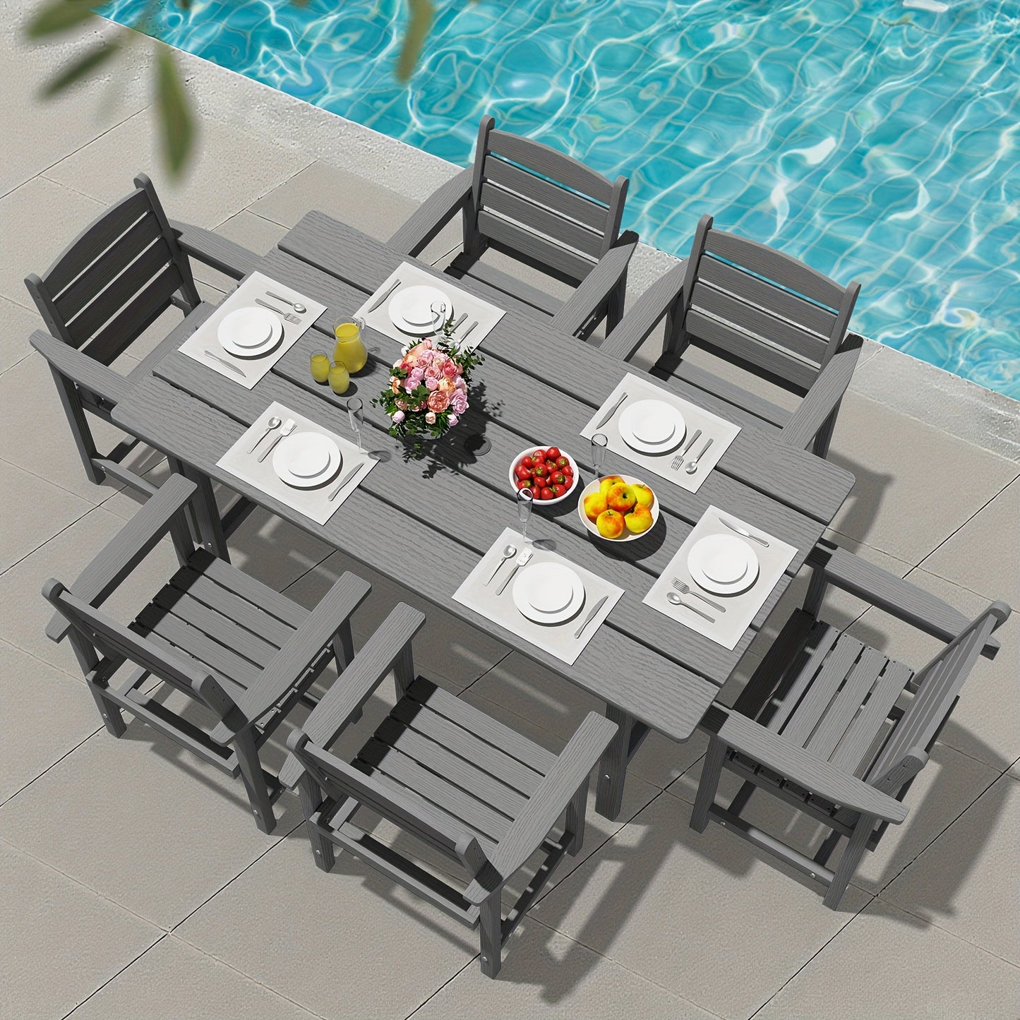Outdoor HDPE Dining Set, 7pcs Outdoor Furniture with Large Table& 6 Chairs, All-Weather Patio Dining Set for Lawn, Garden, Backyard, Poolside