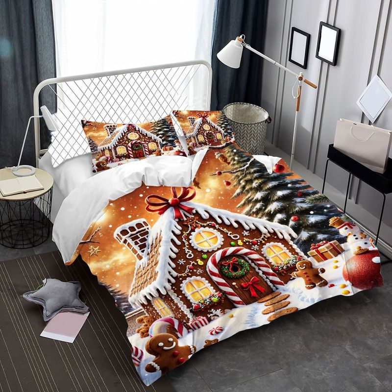 3pcs Christmas Gingerbread House Duvet Cover, Winter Holiday Bedding with Pillowcases, Xmas Snow Scene Quilt, Festive Bedroom Decor, Soft Microfiber Fabric 1 Duvet Cover+2 Pillowcases,  Holiday Theme, Cozy Winter Decor, Highq