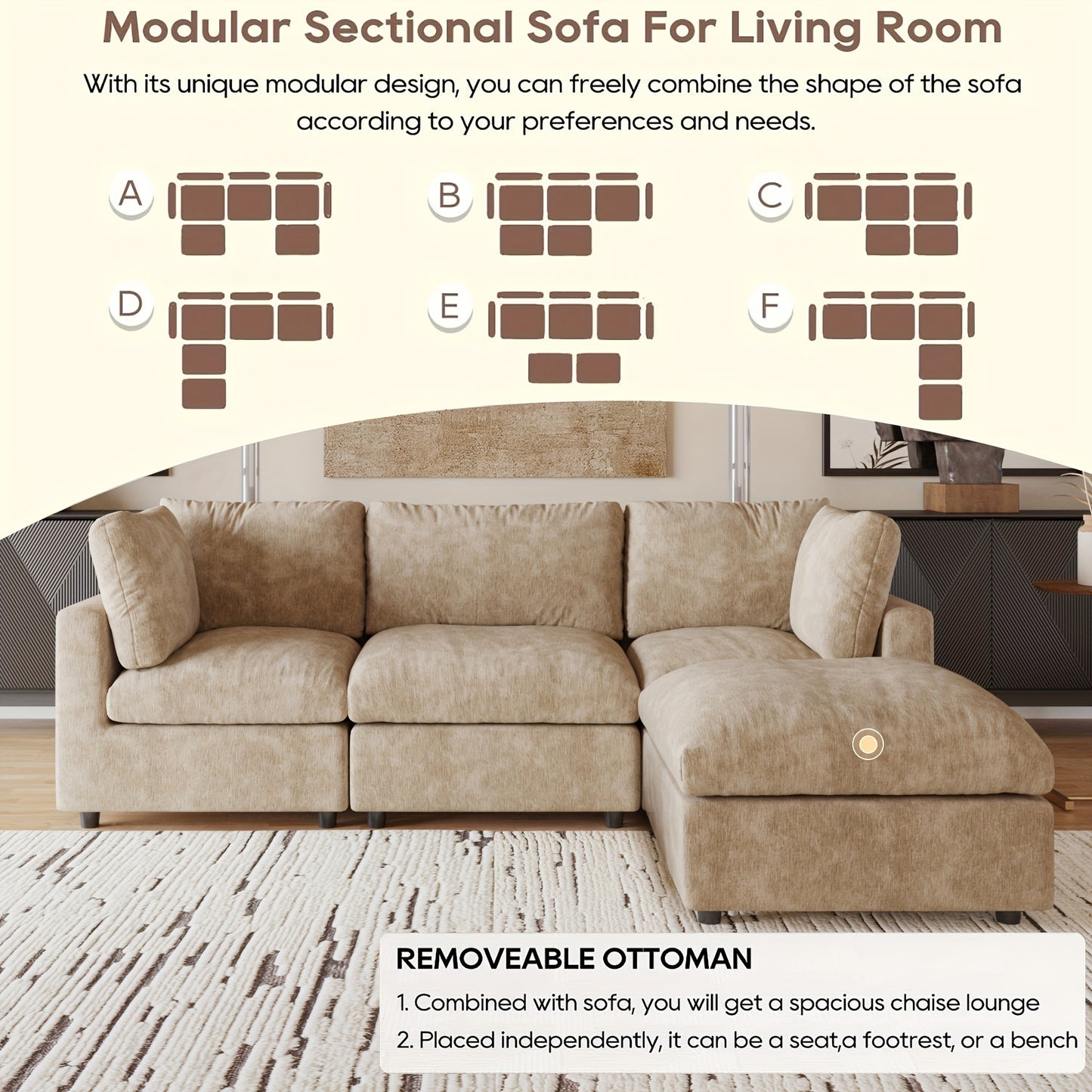 Modular Sectional Sofa Cloud Couch, Oversized 5 Seater Sofa with Ottoman, Extra Large V Shaped Deep Seat Sectional Couches for Living Room, Sofa Covers Washable&Removable