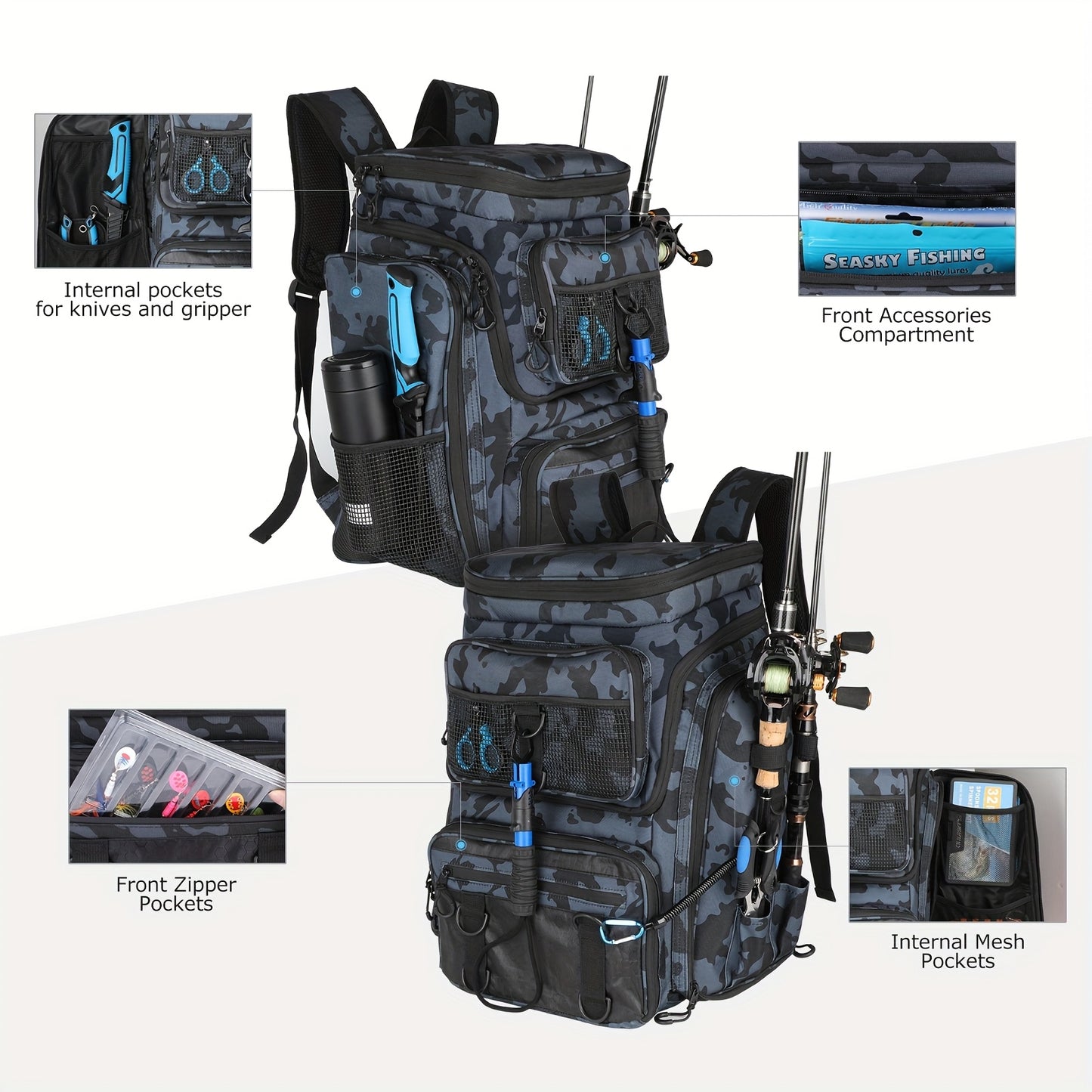 Factory Supplier Extra Large Capacity Fishing Backpack: 11.1gal With Built-in Rod Tube, For Carrying Fishing Gear & Equipment. Ideal For Fishing, Mountaineering, Hiking, And Camping.