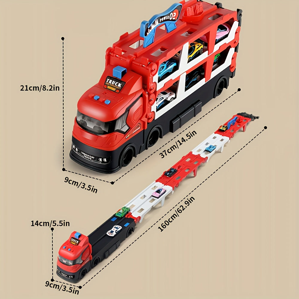Battery-Powered Red Double-Decker Truck with Foldable Ejectable Track - 6 Alloy Mini Cars Included - Push Operation Playset for Ages 3+, Ideal Birthday, Halloween, Easter Gift