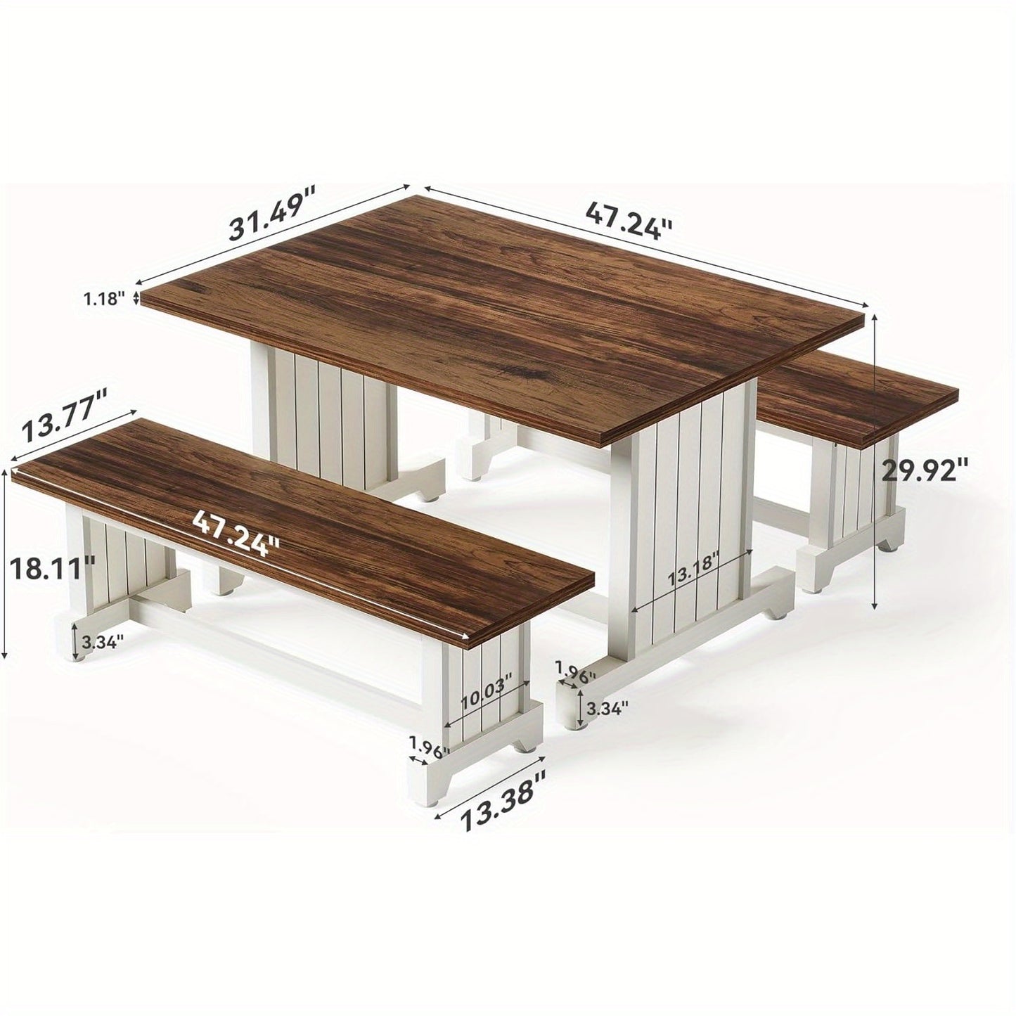 4-Person Dining Table Set with 2 Benches - Modern Kitchen Table with MDF Board, Space-Saving Dinette for Kitchen, Dining Room, Brown and White, Contemporary Style, No Electricity Needed, Dining Table for 4, Kitchen Table, Min