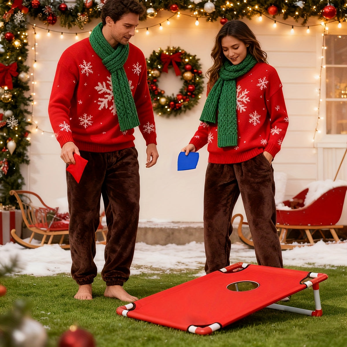 A Foldable And Sturdy Red And Blue Corn Hole Game Set, Perfect for Outdoor Gatherings, Camping Trips, And Backyard Fun. It Includes 6 Bean Bags And Does Not Need Batteries, Making It Ideal for Christmas And Halloween Celebrat