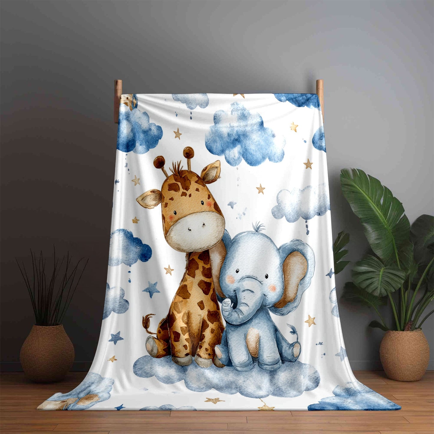 280gsm Jungle Bedspread - Giraffe & Elephant Plush Flannel Quilt Set with Clouds & Stars, Soft All-Season Bedding for, Bed, Sofa, Car, Camping - Cute Baby Animal Blanket Gift, Leopard Throw Blanket, Animal Hooded Blanket, Blu