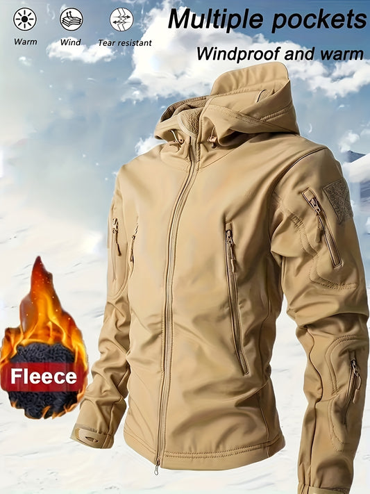 Men's Heavy-Duty Windproof Insulated Tactical Winter Jacket with Full-Zip Hooded Softshell Coat, Multiple Pockets & Zippered Pocket Flap - Machine-Washable Outdoor Survival Gear for Hiking, Skiing, Hunting, Camping (Black) -