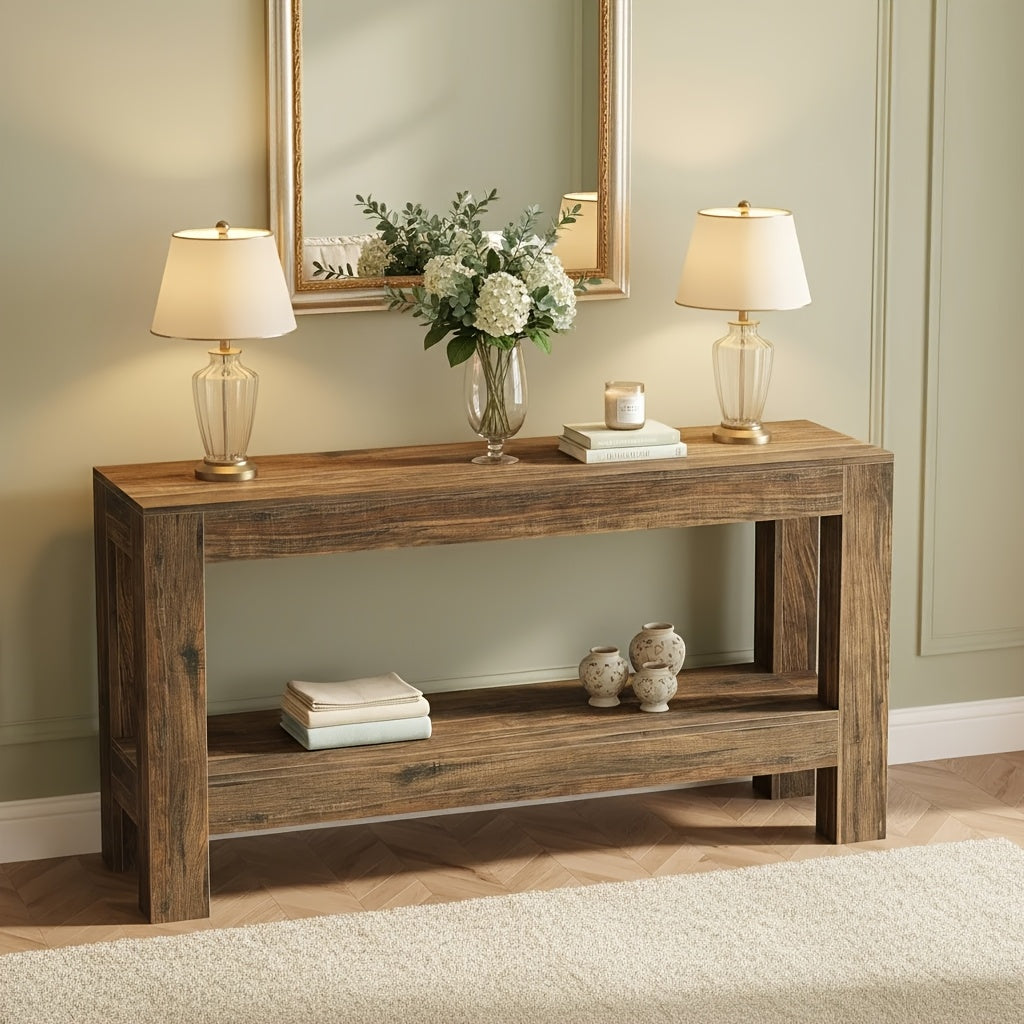 63-Inch Narrow Long Console Table | Farmhouse Wood Entryway Table For Hallway, Sofa, Entry, Entrance, Foyer, Behind Couch With 2-Tier Shelves, Brown, Byblight