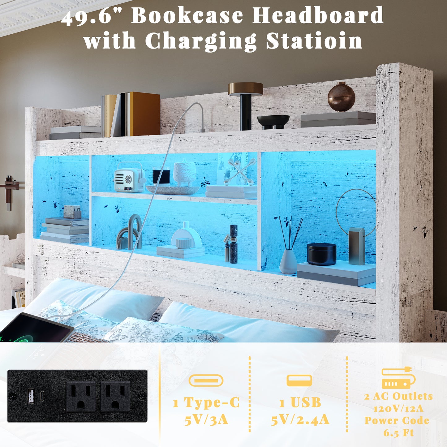 PAPABABE Bed Frame Featuring a 49.6-Inch Bookcase Headboard, Four Drawers, And Two Removable Storage Racks - a Farmhouse-Style Wooden Bed Frame Equipped with RGB LED Lights And a Charging Station, No Box Spring Required