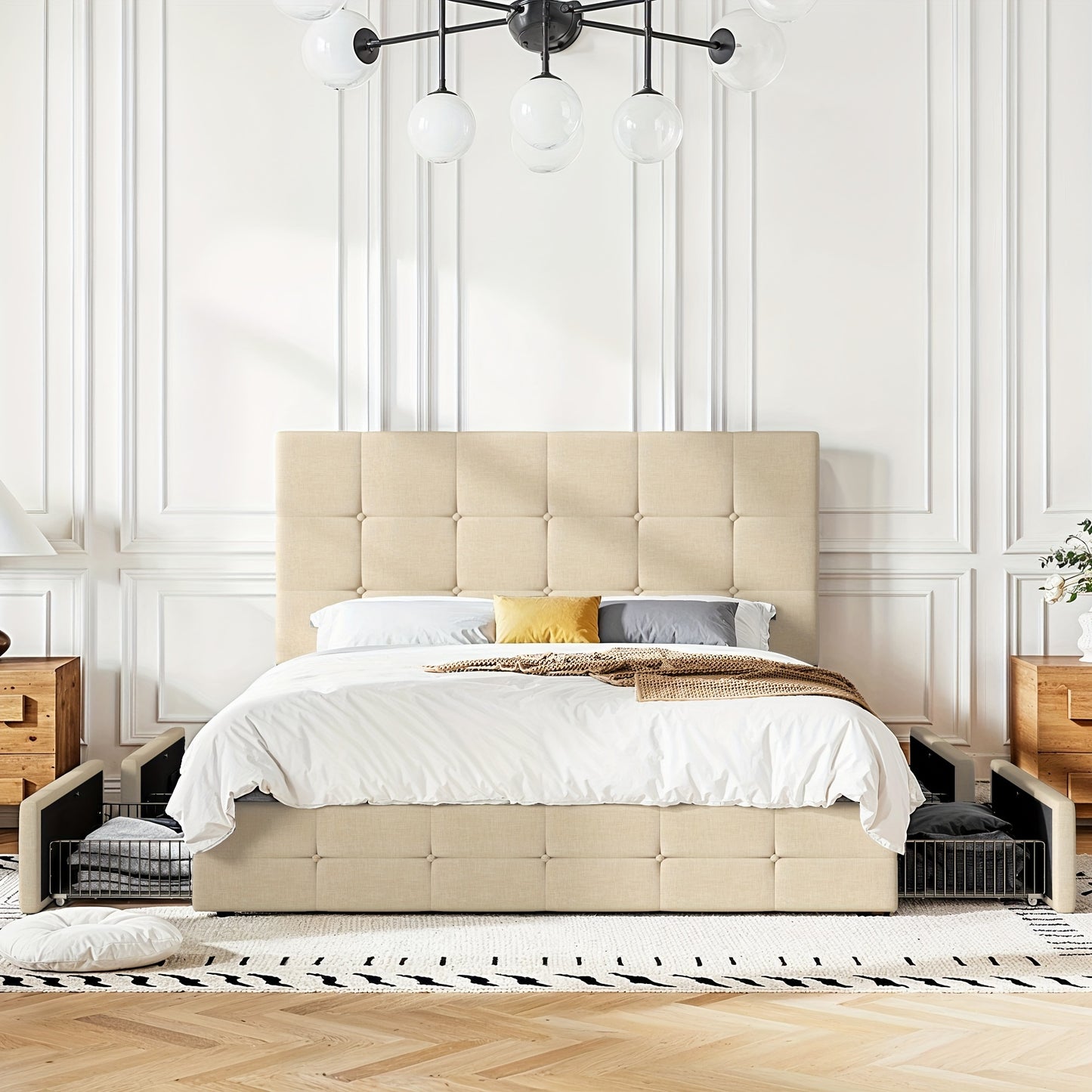 HOOMIC Full/Queen/King Size Platform Bed Frame with 4 Storage Drawers & Adjustable Headboard - Contemporary Square Stitched Button Tufted Design, Noise-Free Wooden Slats, No Box Spring Needed, Easy Assembly, Recycled Wood & M