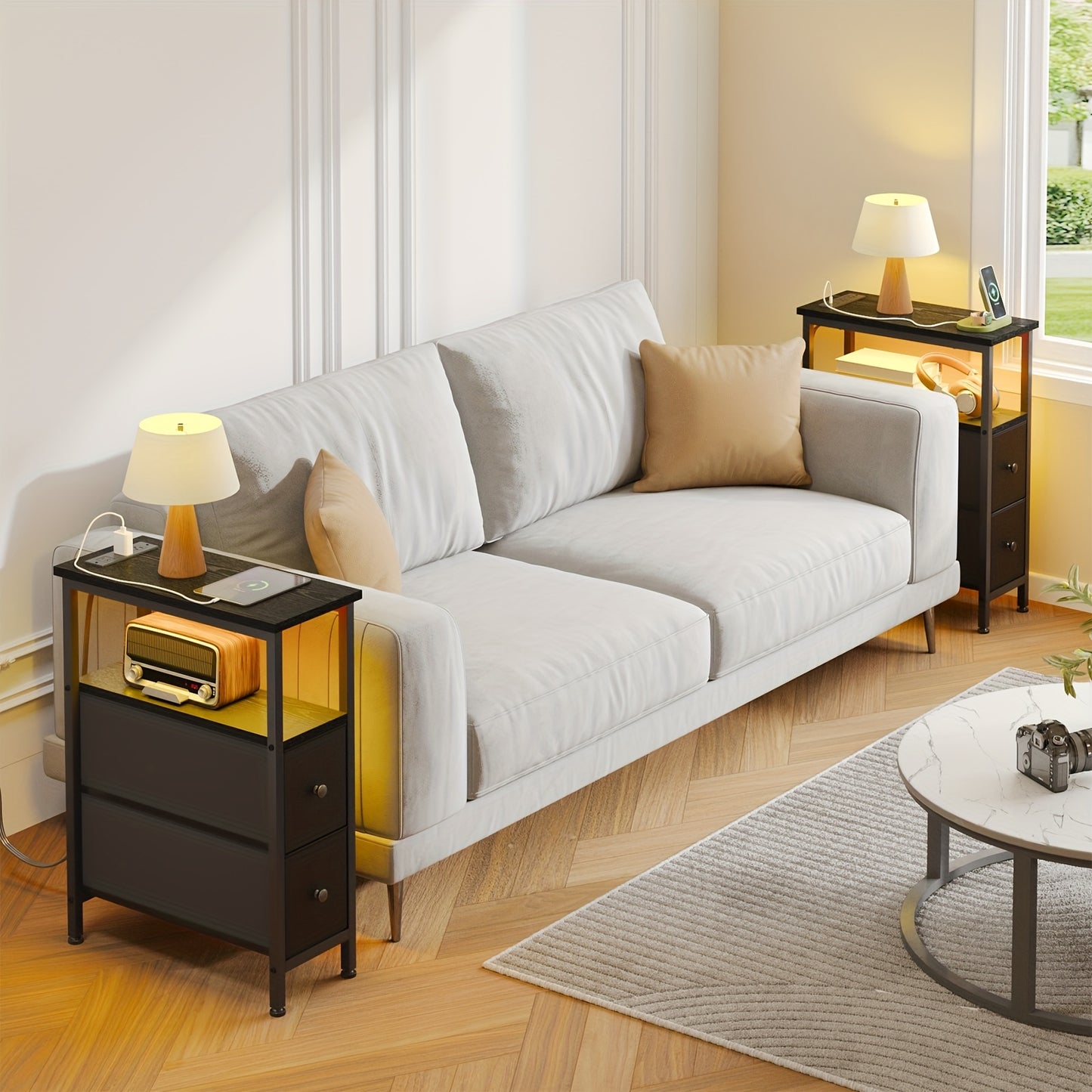 WHONLINE 1pc/2pcs Narrow Night Stand With Charging Station, End Table, Narrow Side Table With 1/2 Fabric Drawers, Skinny Nightstand With Storage, For Living Room, Small Spaces, School And Dormitory Storage, Brown And Black, F