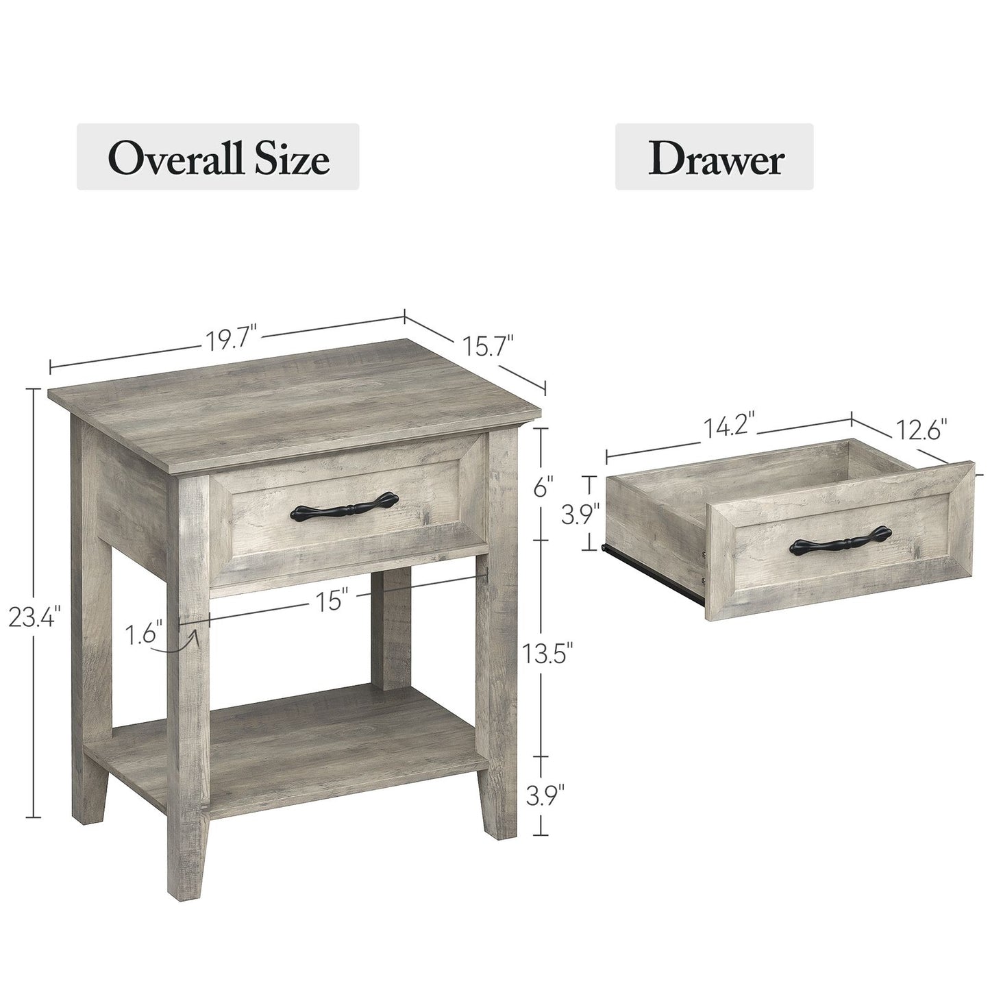 Modern Industrial Side Table with Storage Drawer & Open Shelf - Bedside Table Suitable for Bedroom, Living Room, Dorm - Easy Assembly Compact Furniture with Low Profile, Space-Saving Cabinet/Shelf Unit
