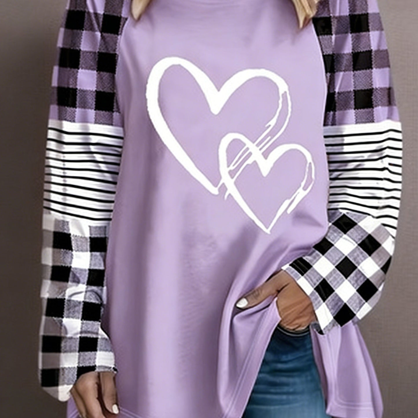 Plus Size - Plus Size - A Women'S Casual Long-Sleeve T-Shirt Featuring a Heart-Shaped Design, Made from Fabric, with a Round Neck Style, Part of The Autumn And Winter Collection, Available in Large Loose Sizes from 0XL to 9XL