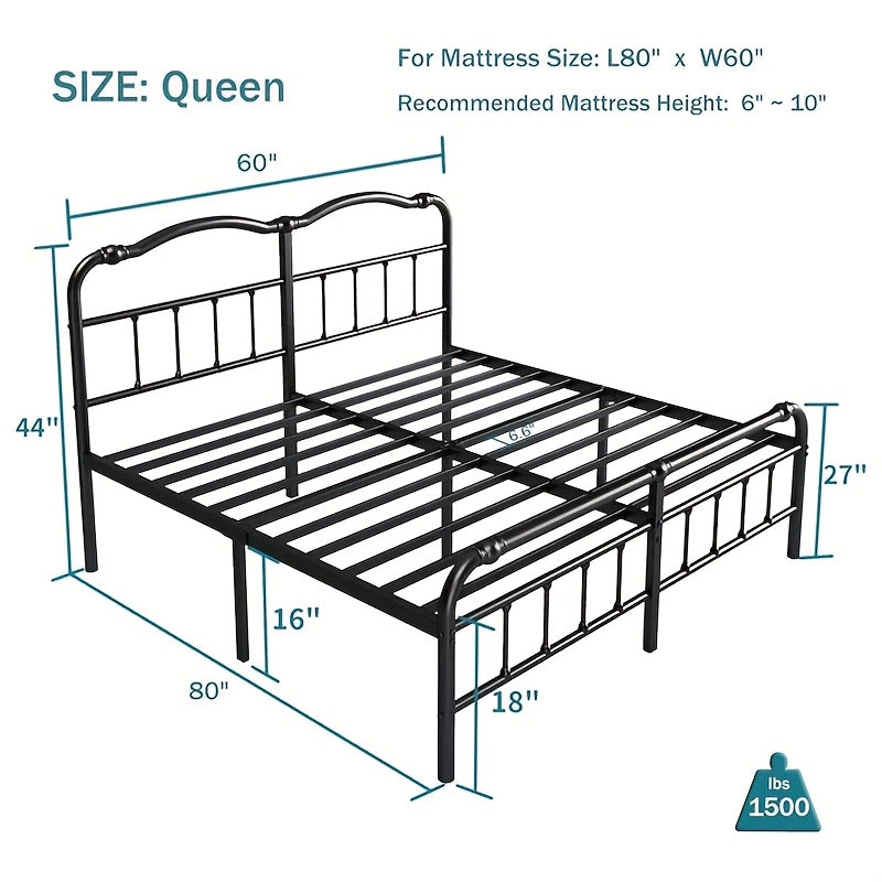 Queen Size Bed Frame with Headboard and Footboard | 18 Inches High, 3500 Pounds Heavy Duty Metal Slats, No Box Spring Needed, Noise-Free, Black, Contemporary Style, Metal Material, Assembled