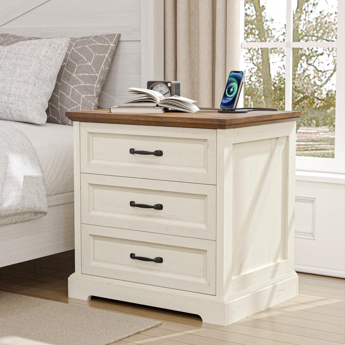 Wooden Bedside Table Featuring a Charging Station, Equipped with Three Drawers And Metal Handles, Perfect for Bedroom Storage.