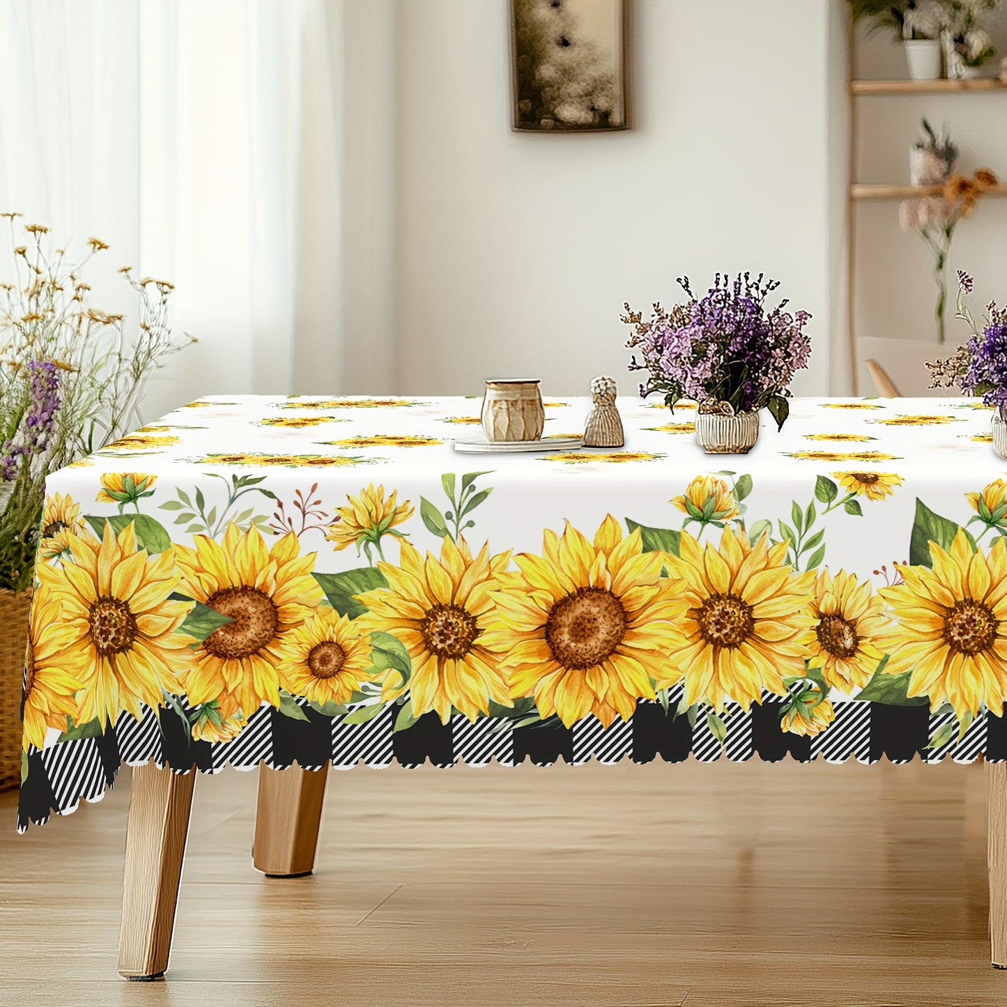 1pc Tablecloth+4pcs Anti Slip Stickers, Floral Themed Printed Tablecloth, Farmhouse Style, Blooming Sunflowers Design, Wedding Season, Anniversary, Mother's Day, Camping Picnics, Party Decor, Kitchen Accessories, Room&Outdoor