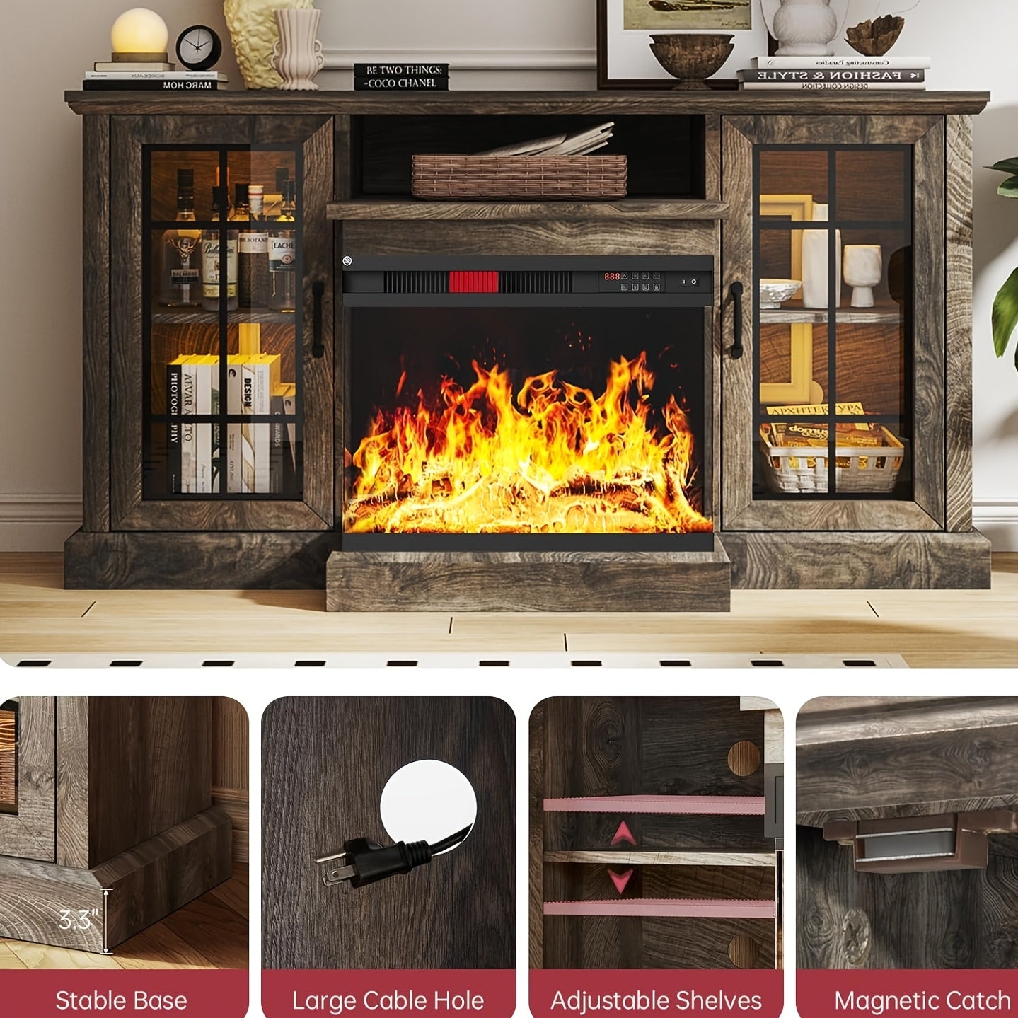 Fireplace TV Stand With 3-Sided Glass: 59'' Media Console For TVs Up To 65'' - Adjustable LED Flame, Glass Door Entertainment Center For Living Room-Grey