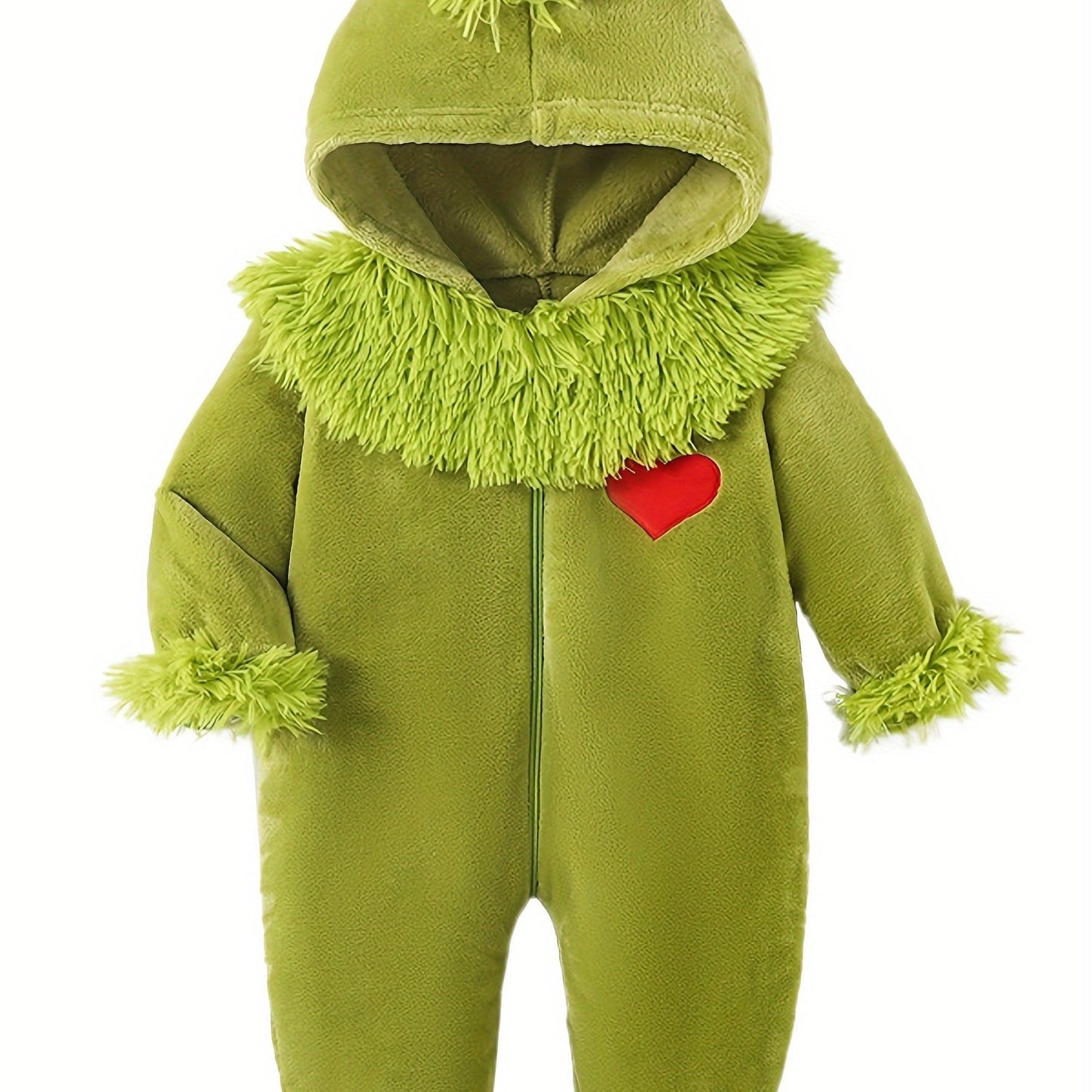 Infant Baby Boy & Girl Green Monster - Furry Hooded Zipper Jumpsuit with Plush Trim, Soft Fuzzy Outfit with Heart Cutouts & Fluffy Ears for Christmas, Birthday Party, Everyday Play - Easy-Care Monster Romper ( to 12m) - Hand