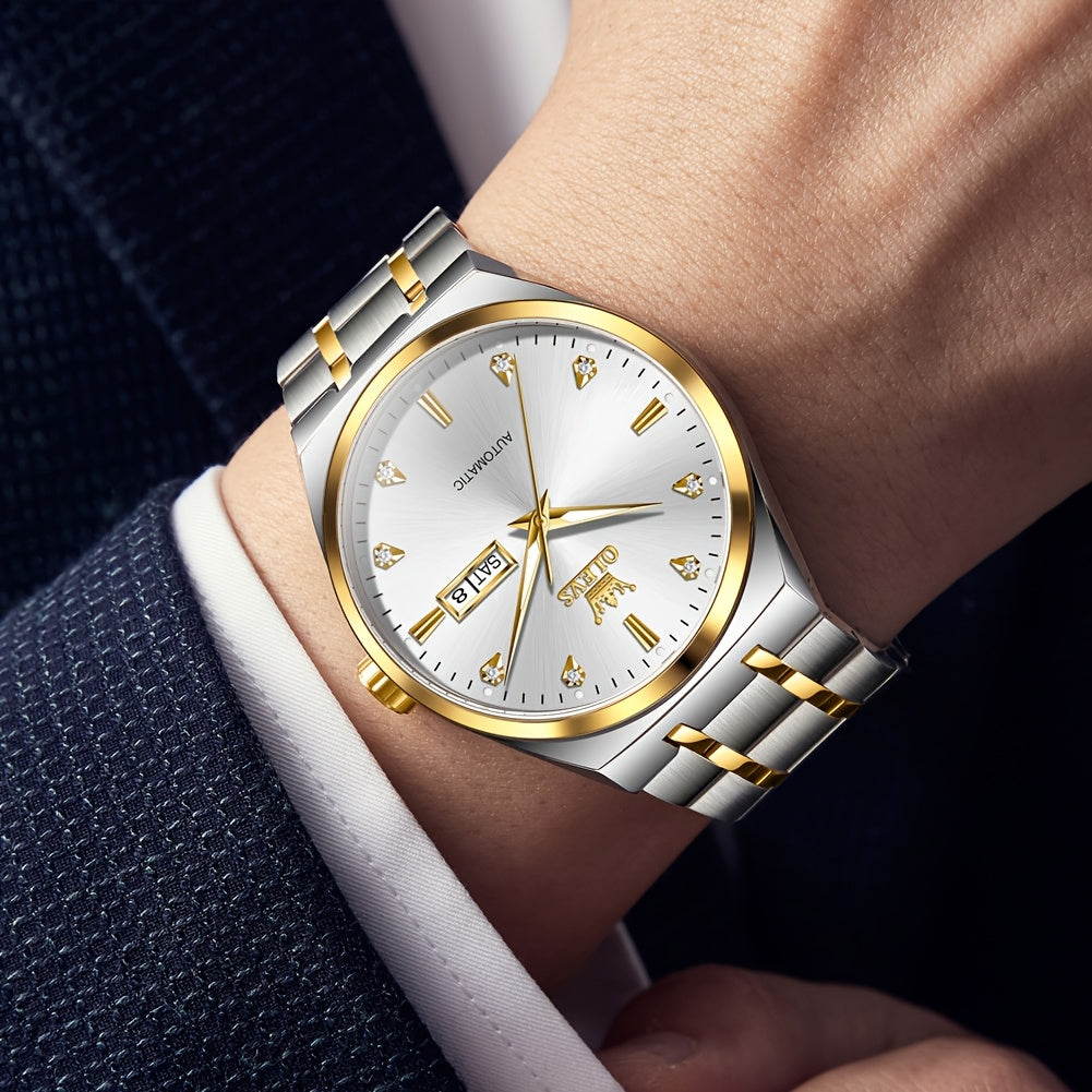 OLEVS Men's Automatic Mechanical Watch with Luminous Hands & Dual Calendar (Day/Date) - Self-Winding Analog Wristwatch, No /, for Business & Casual Attire, Durable Mechanical Movement, Affordable Luxury Watch