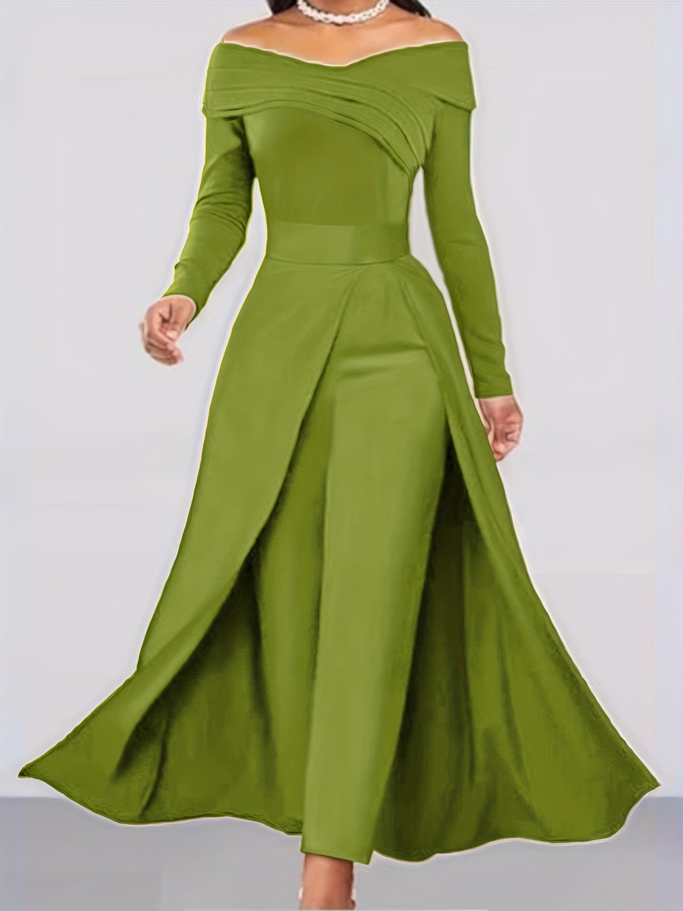 Women's Elegant Off-Shoulder/Boat Neck Two-Piece Set - Solid Color Beige/Black/Navy Blue Tailored Pantsuit, Structured Blazer & Matching Trousers, Machine Washable Autumn to Semi-Formal Attire (No Dry Clean)