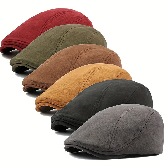 Men's & Women's British Retro Suede-Like Flat Cap - Adjustable Newsboy Beret Hat with Pull String Closure, Lightweight Driving Cap for Weddings, Events & Formal Wear (Multi-Color Options: Burgundy, Olive, Brown, Tan, Grey, Bl