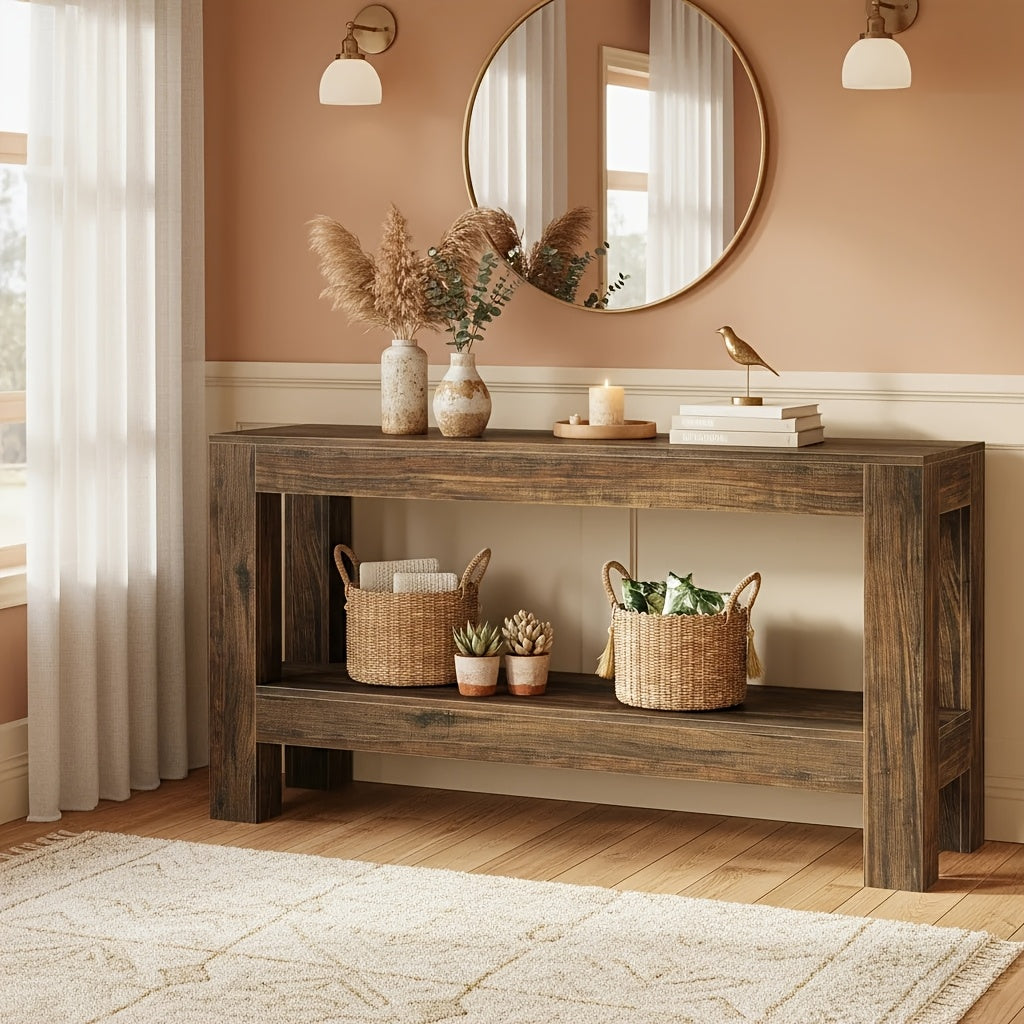 63-Inch Narrow Long Console Table | Farmhouse Wood Entryway Table For Hallway, Sofa, Entry, Entrance, Foyer, Behind Couch With 2-Tier Shelves, Brown, Byblight