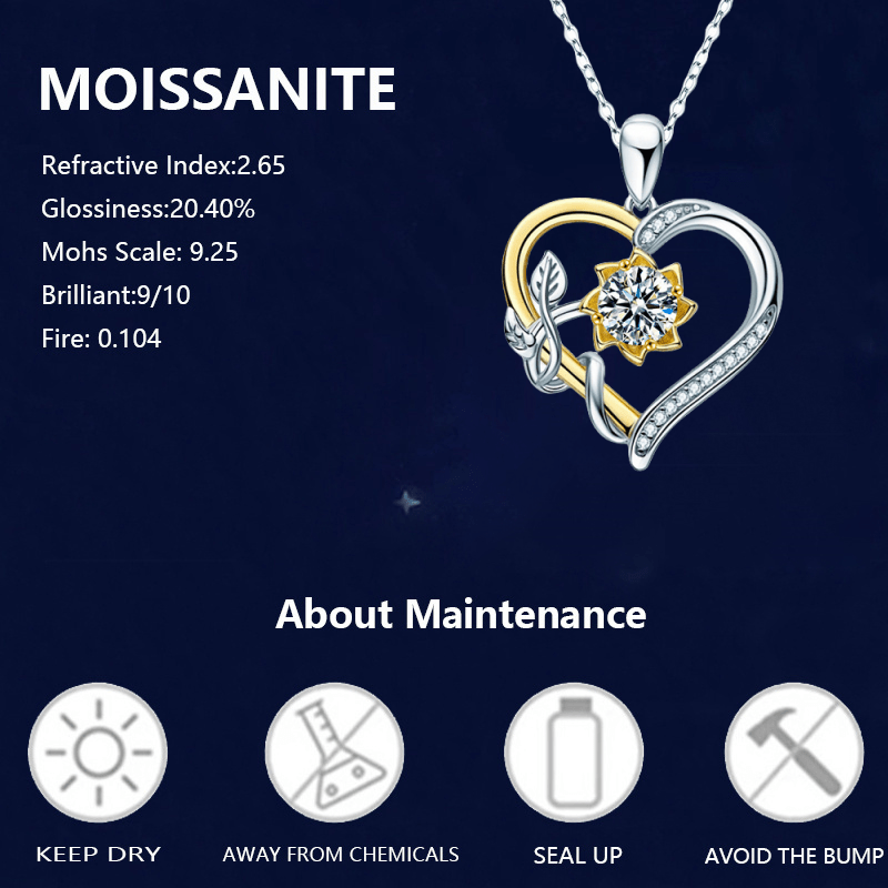 S925 Silvery 1 Carat Four-Claw Round Moissanite Fashionable Romantic Sunflower Heart-Shaped Women'S Pendant Necklace Clavicle Chain, Suitable for Daily Wear And Valentine'S Day Birthday Anniversary Gift for Mother And Friends