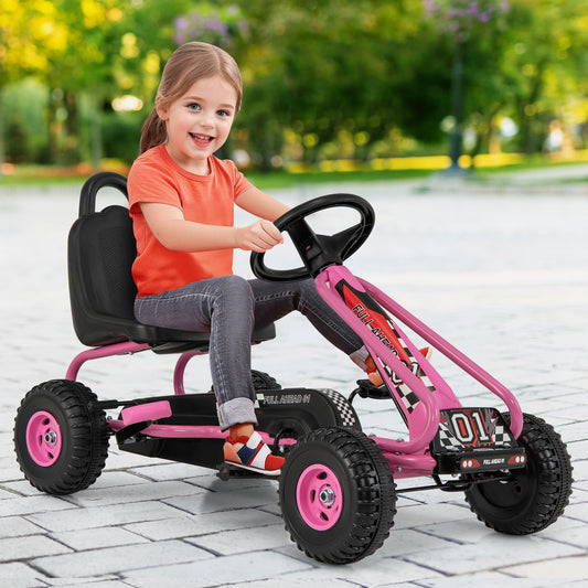 COSTWAY Kids Pedal Go Kart, Outdoor Pedal Powered Pedal Car for Children w/ Handbrake, Ergonomic Adjustable Seat & 4 Wheels, Ride on Vehicle for Kids Ages 3+, Gift for Boys & Girls, Pink, Tricycle for, Tricycle for Kids, Outd