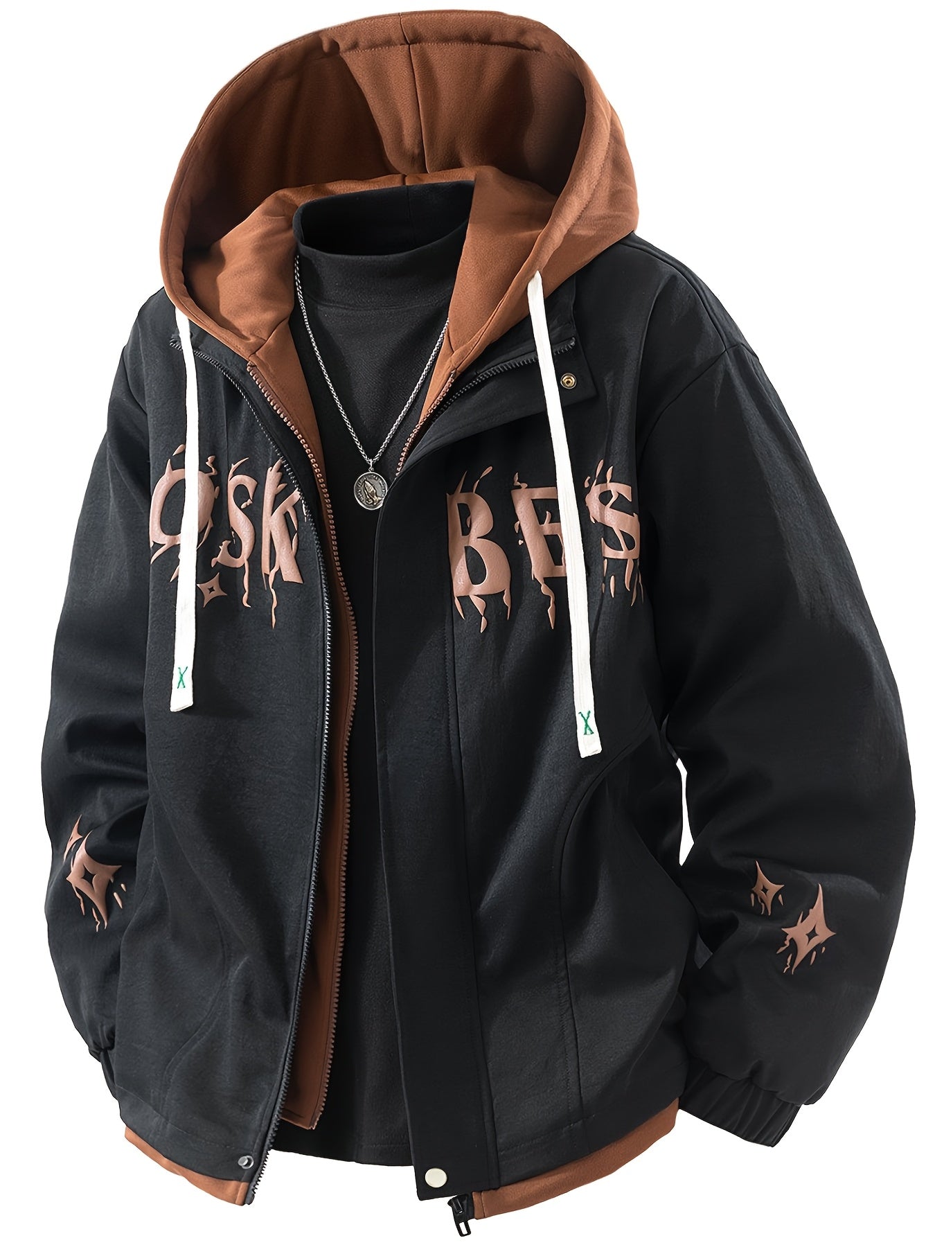 Men'S Urban Fashion: A Large, Color-Blocked Hooded Jacket Featuring Striking Text And a Faux Layering Style, Along with a Spring Crewneck Sweatshirt Designed to Look Like a Two-Piece, And a Casual Zip-Up, Plus Size