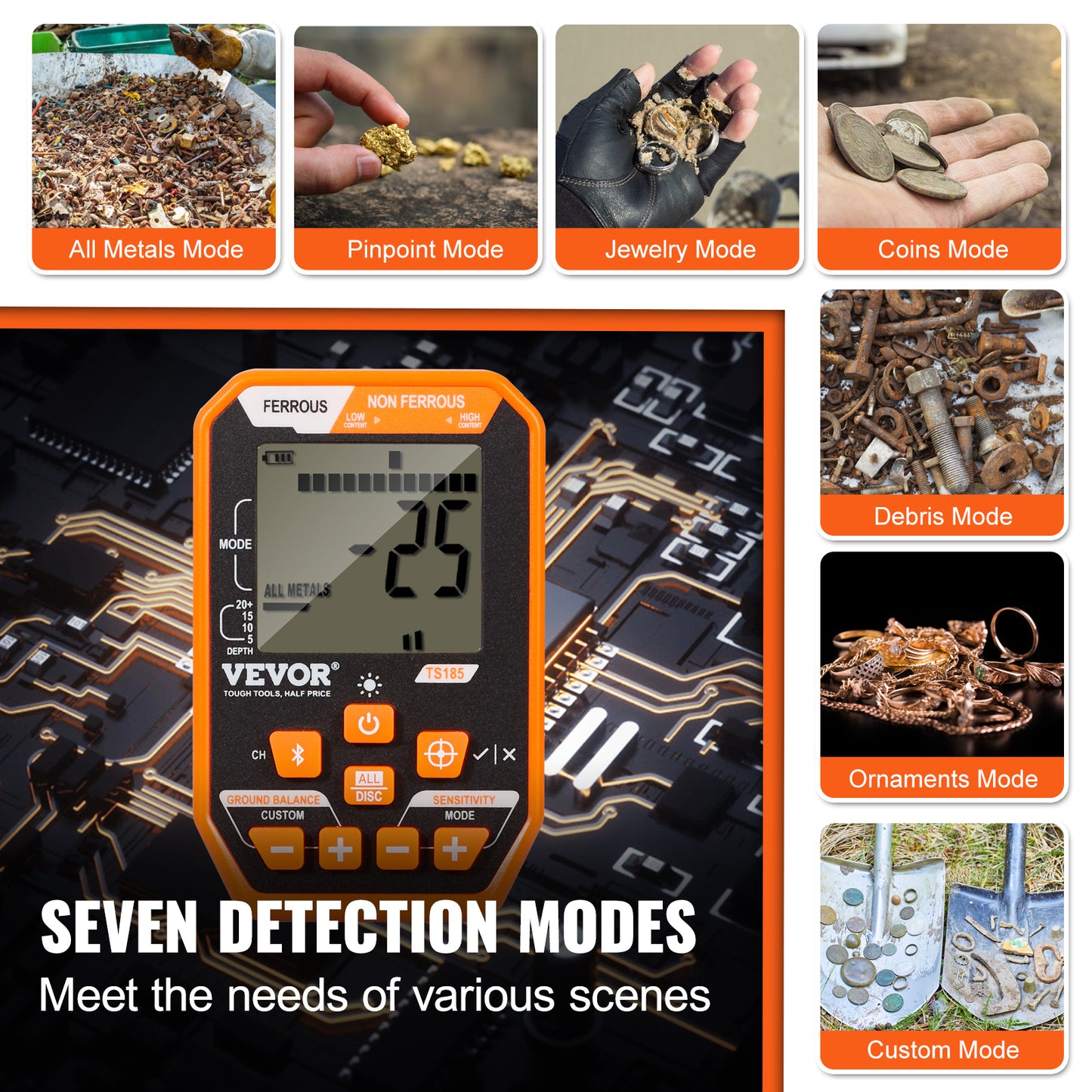 VEVOR Metal Detector, 12" Coil, Professional Rechargeable Gold Detector, 39-50 in Adjustable with LCD 7 Modes Advanced DSP Chip Bluetooth Headset, Detecting Gold Treasure Hunting