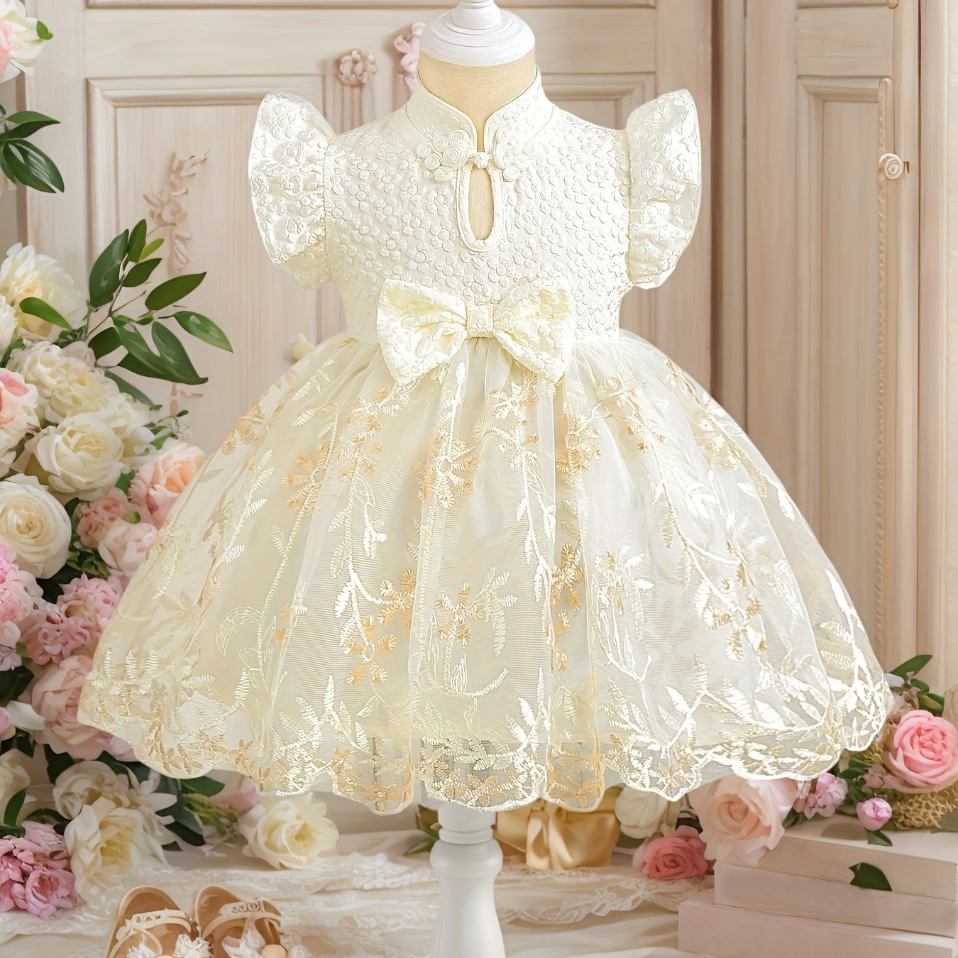 Baby Girl's Chinese Qipao Style Dress - Summer Elegant Princess Party Dress with Fluffy Tulle Skirt, Soft Yellow Tutu & Bow Accents for Weddings, Birthdays, School Start | Hand Wash/Dry Clean, Baby Girl Party Dress, Qipao Ins