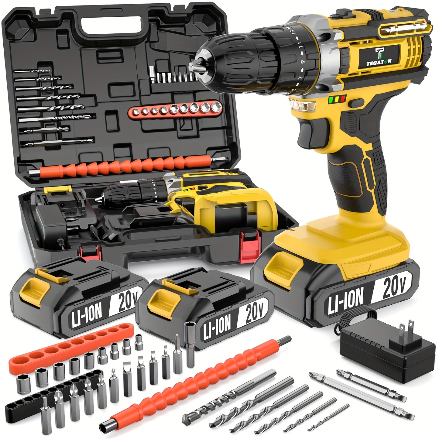 20V Cordless Drill Set, Impact Power Drill with 3/8 Inch Keyless Chuck, 18+3 Clutch Electric Drill with Work Light, Max Torque 45Nm, 2-Variable Speed & 2.0AH Batteries And Fast Charger, Bits Set And Box for, Home Repair, Gift