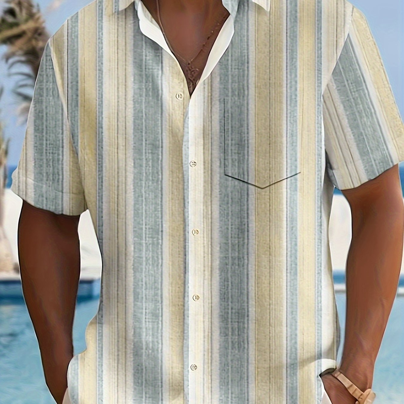 Men's Casual Short Sleeve Shirt with Full-Body Digital Print - Striped Design, Regular Fit, Button Front, All-Season Versatile Top for Casual Outings