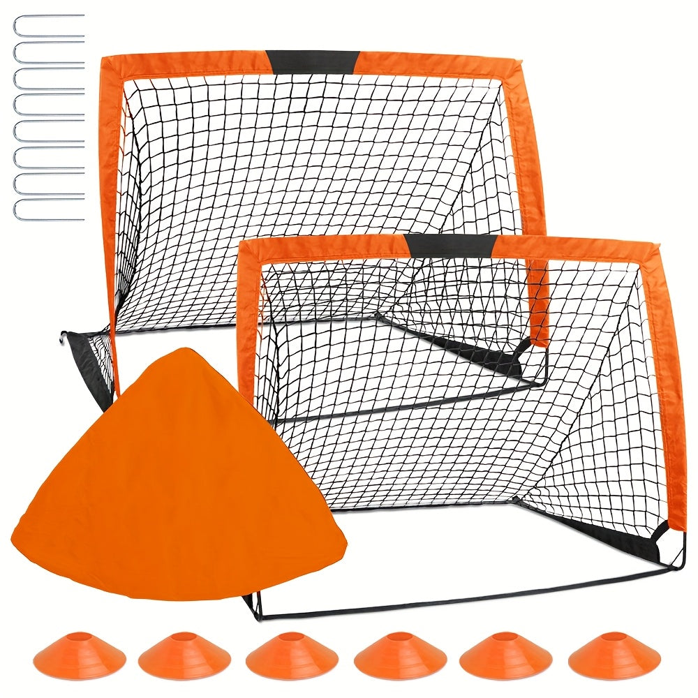 2 Soccer Goals 4'x 3'-Yellow/Orange/Black, Portable Soccer Goals for Backyard Or Indoor Pop Up Soccer Nets with 6 Training Cones, Carrying Bag, 8 Ground Stakes