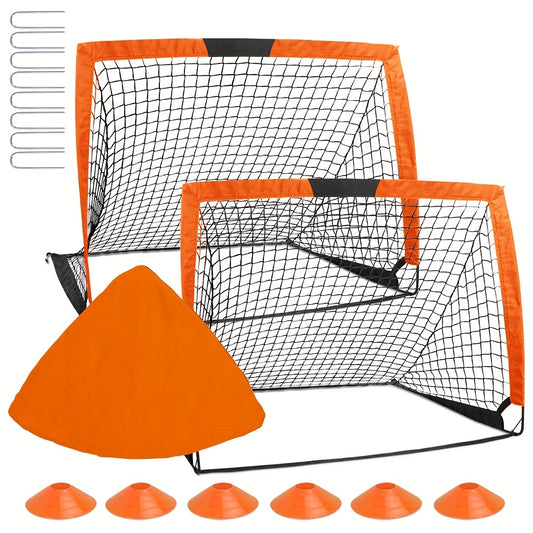 2 Soccer Goals 4'x 3'-Yellow/Orange/Black, Portable Soccer Goals for Backyard Or Indoor Pop Up Soccer Nets with 6 Training Cones, Carrying Bag, 8 Ground Stakes