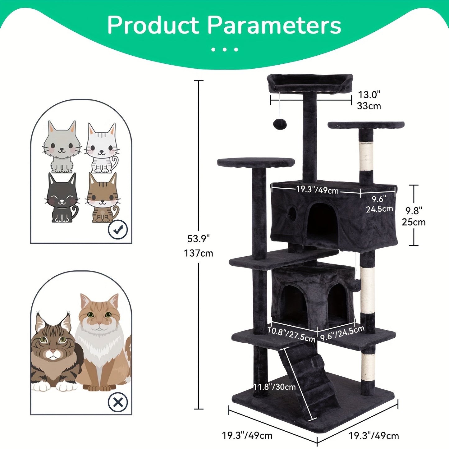 DOPINMIN 54in Cat Tree Tower For Indoor Cats, Multi-Level Furniture Activity Center With Scratching Posts Stand House Condo Funny Toys Kittens Pet Play House, Dark Gray