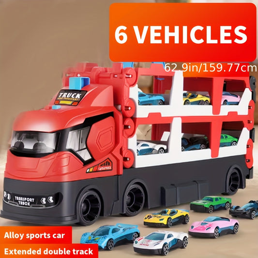 Battery-Powered Red Double-Decker Truck with Foldable Ejectable Track - 6 Alloy Mini Cars Included - Push Operation Playset for Ages 3+, Ideal Birthday, Halloween, Easter Gift