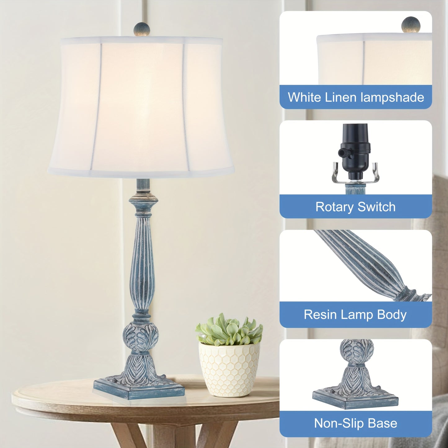 2pcs Farmhouse Table/ Matching Rustic Bedside Lamps - 3-Way Dimmable End Table with Adjustable Knob Dimmer & Bell Shade, Resin Nightstand Lamps Suitable for Living Room, Bedroom, Office