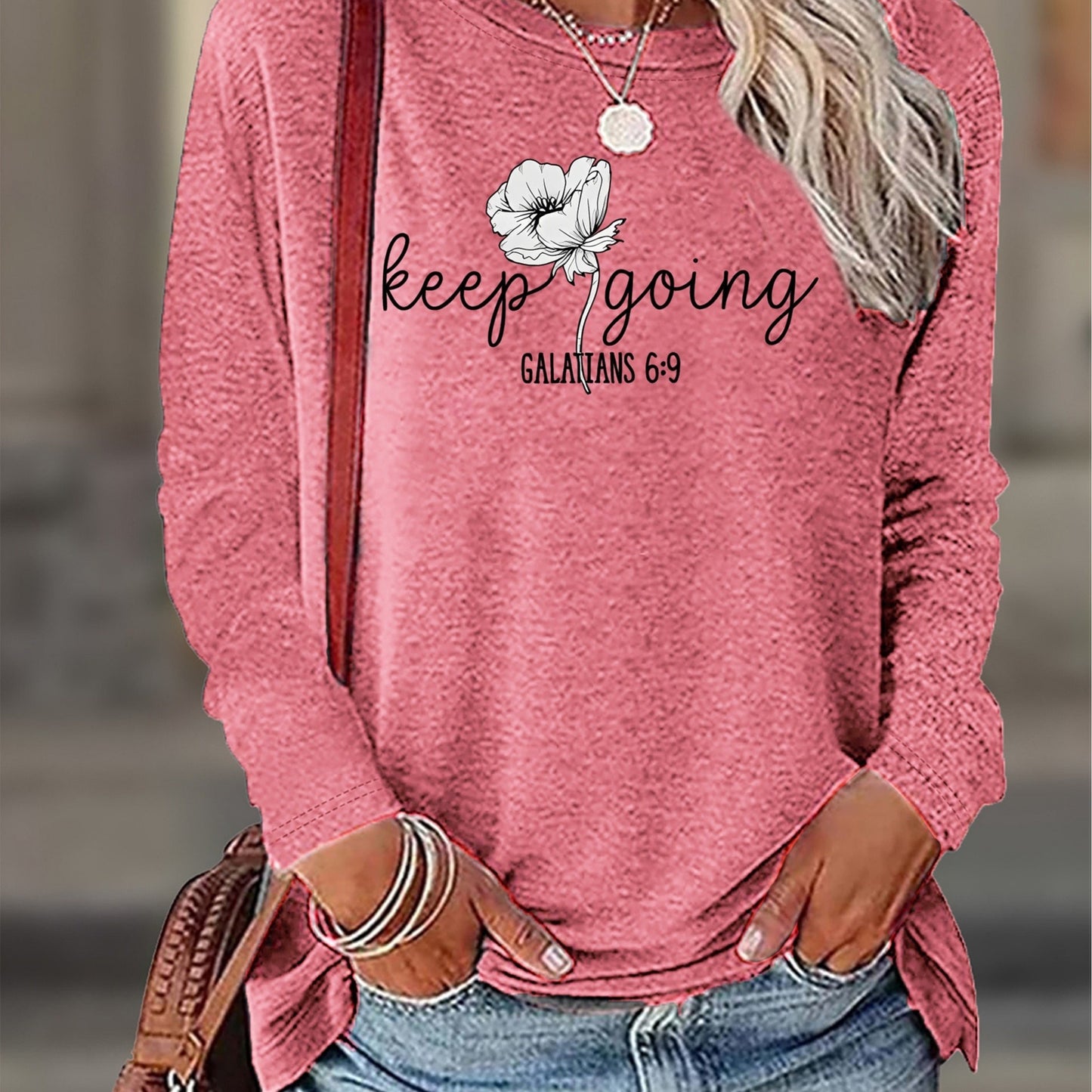 Plus Size - Women'S Plus Size All-Season Wardrobe Machine-Washable Layering Long Sleeve Round Neck Versatile Casual T-Shirt | Oversized Fit, Slight Stretch, Geometric Pattern