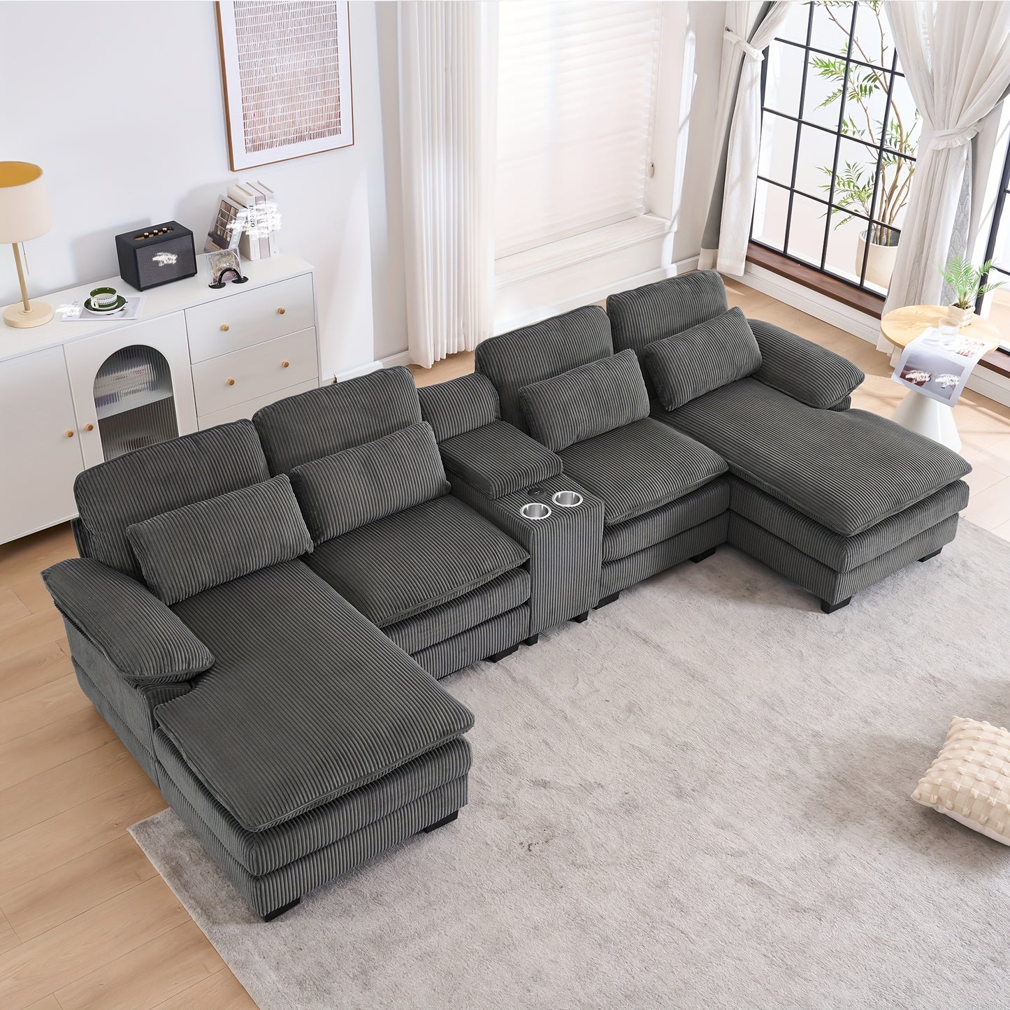Living Room Comfort Combo Sofa, U-Shaped Cloud Sofa Combination Sofa, Modern Corduroy Modular Sofa with Recliner, Console Cup Holder