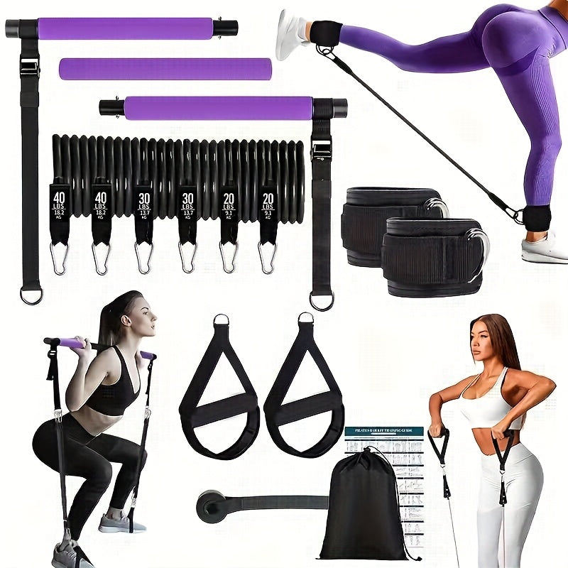 14pcs Pilates Bar Set with 6 Resistance Bands (180 lbs), Multi-Functional Fitness Stepper and Stretching Trainer, Yoga and Home Workout Equipment