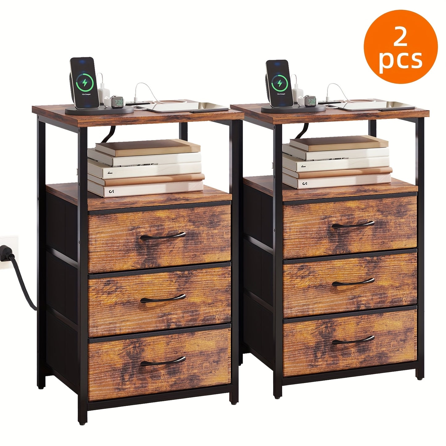 WHONLINE 1/2pcs Night Stand With Charging Station, Nightstand 1/2 Set With 3 Fabric Drawers, End Table With Storage, Night Stand For Bedroom, School And Dormitory Storage, Black End Table, Heavy Duty Night Stand, For Hallowee