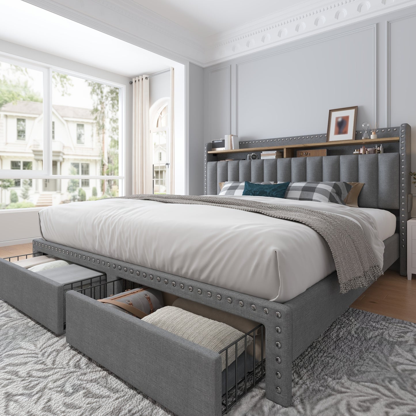 Soft Upholstered Bed Frame with 2 Storage Drawers Full/Queen/King Size Low Profile Platform Bed Base, Heavy Duty 1000lbs Steel Frame, No Box Spring Needed for Apartments/Dorms | Easy Assembly (Gray/Beige)
