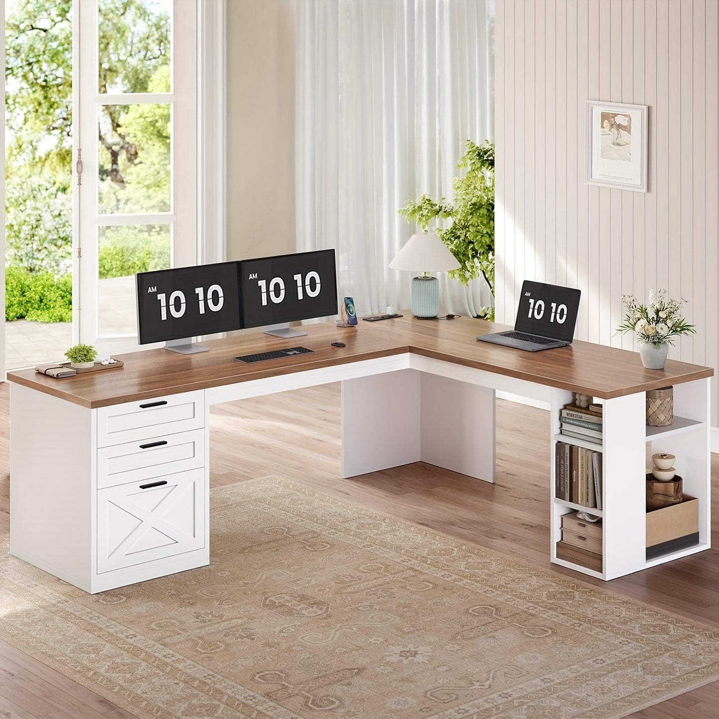 L-Shaped Desk for a Farmhouse Style, Featuring Ample Storage, a Spacious Computer Workspace with Power Outlets, Drawers, And Open Shelving, Designed for Corner Placement, with a White And Brown End