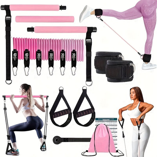 14pcs Pilates Bar Set with 6 Resistance Bands (180 lbs), Multi-Functional Fitness Stepper and Stretching Trainer, Yoga and Home Workout Equipment