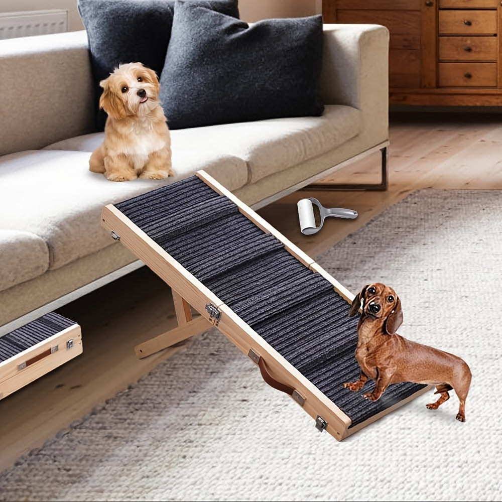 32" Adjustable & Portable Folding Dog Ramp with Non-Slip Traction Mat - Solid Wood Pet Stairs Ladder for Small Dogs, Bed, Sofa, Car, Couch - Climbing Ramp for Puppies, Pets ( Wood Grain, Lightweight)