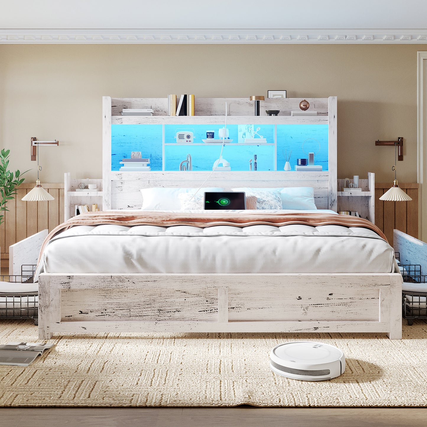 PAPABABE Bed Frame Featuring a 49.6-Inch Bookcase Headboard, Four Drawers, And Two Removable Storage Racks - a Farmhouse-Style Wooden Bed Frame Equipped with RGB LED Lights And a Charging Station, No Box Spring Required