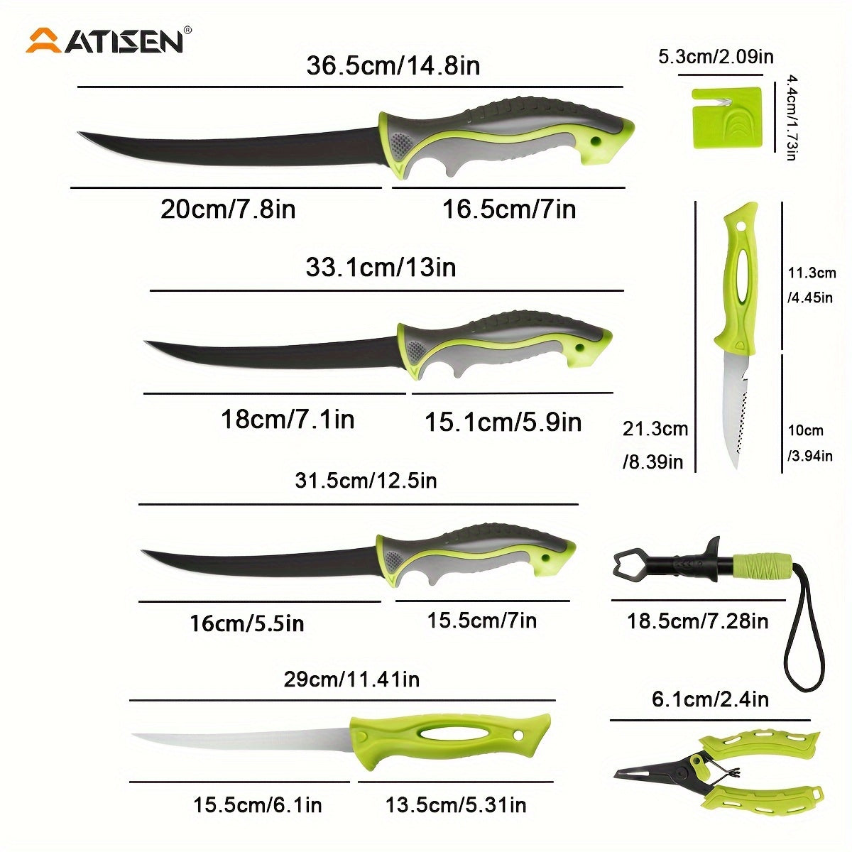 ATISEN 10/16pcs Professional Fishing Knife Set, Fish Angle Knife Set - for Filleting And Boning Fish, Dishwasher Safe - Filleting Knife, Road Runner Pliers, Fish Lip Gripper, Knife Sharpener, Retractable S-Buckle W/Harness Gi