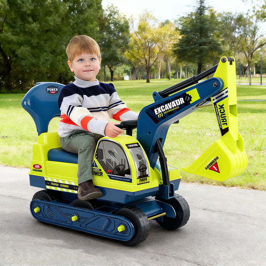 Ride-On Excavator Toy Tractor with Movable Arm & Mobile Base - Green/Yellow Construction Truck with Storage Basket, Realistic Digging Bulldozer for &, Birthday/Christmas/Halloween Gift (Ages 1+)