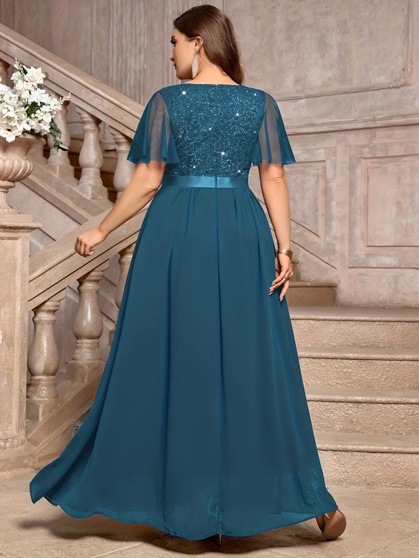 Plus Size - P54385A Elegant Plus Size Sequin Lace Bridesmaid Dress, Sweetheart Neckline With Mesh Ruffle Sleeves, Pleated Chiffon Skirt For Formal Parties, Evenings, Weddings