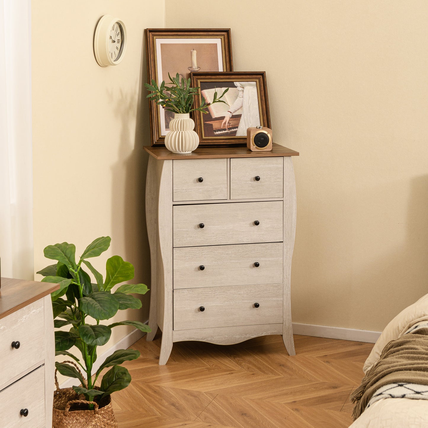 COSTWAY 30" Modern Farmhouse Dresser with 3 Spacious Folding Fabric Drawers - Sturdy Hardwood-like Construction, Anti-Tip Safety System, Freestanding Storage Cabinet with Curved Legs & Knobs, Grey/Brown for Bedroom, Nursery