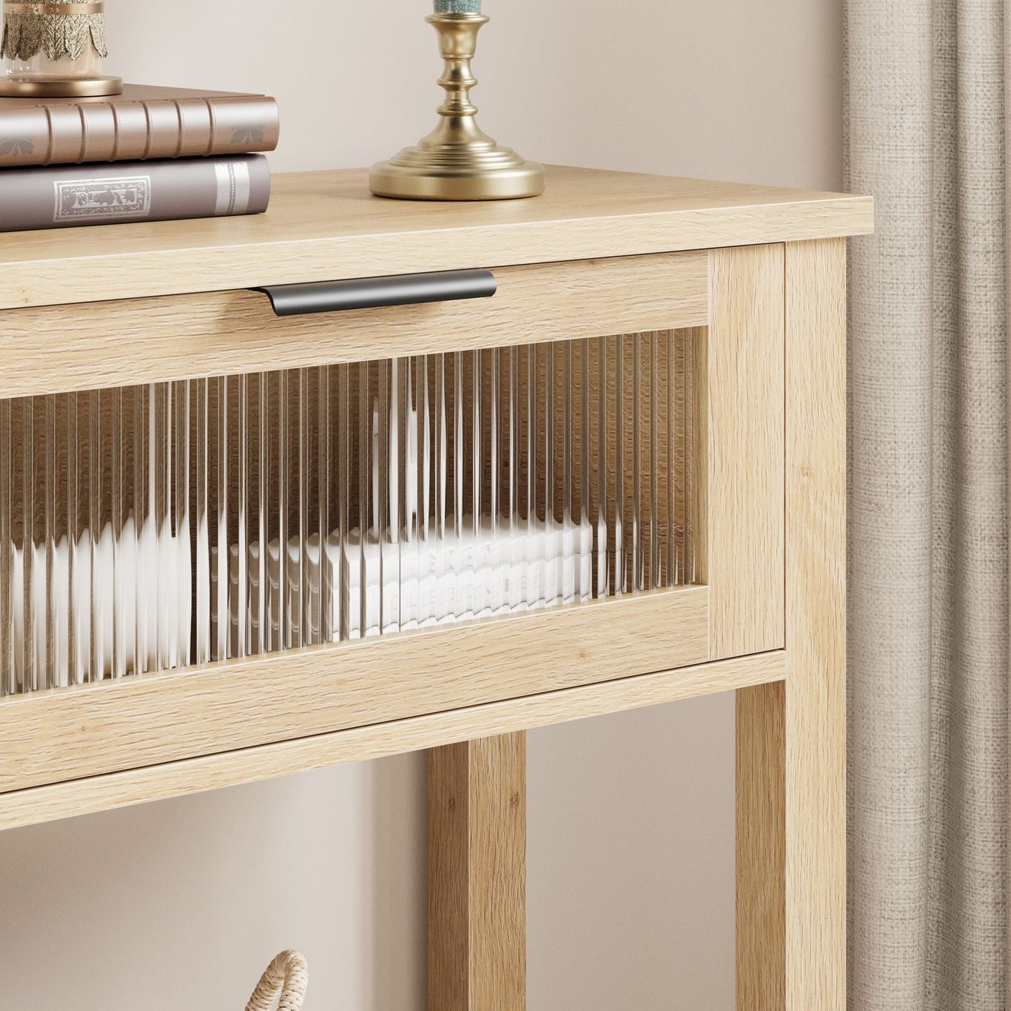 43-Inch Narrow Wood Console Table with Stylish Glass Drawers | 2-Tier Sofa and Entryway Table in Burlywood End, Perfect for Living Room, Bedroom, Hallway, Foyer Storage, Entryway Table | Classic Style, Hardwood Material, Asse